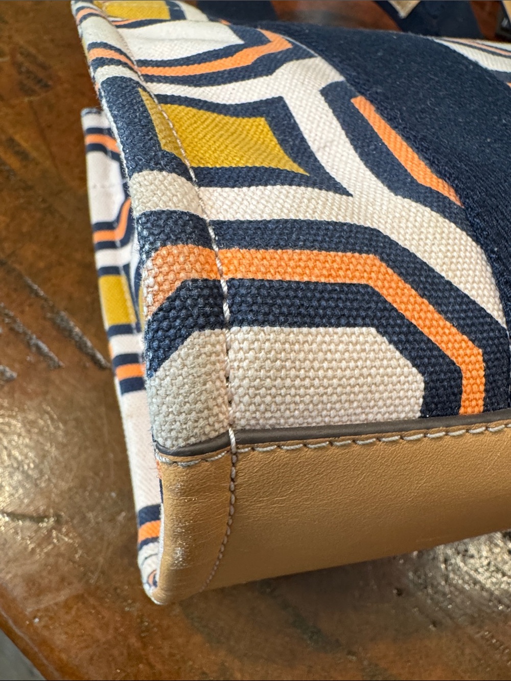Tory Burch Navy, Coral & Mustard Geometric Canvas Tote with Tan Leather Strap - Picture 7 of 12